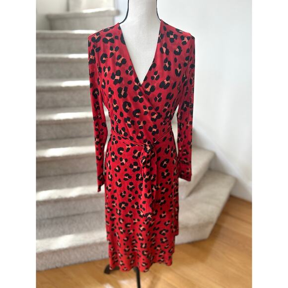 CAbi Dresses & Skirts - NWT Cabi Siren Wrap Dress Red Leopard Print Midi Long Sleeve